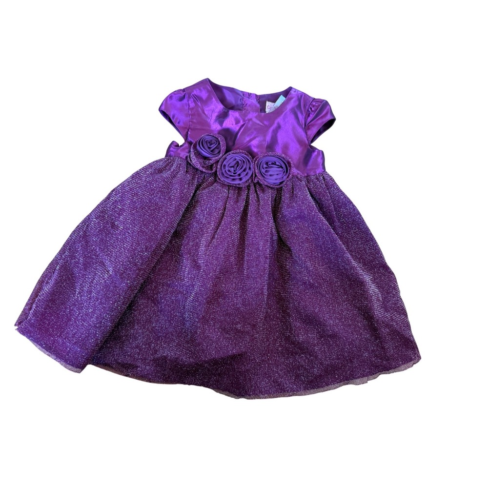 Camilla dark purple glitter with 3D flowers short sleeve toddler dress formal